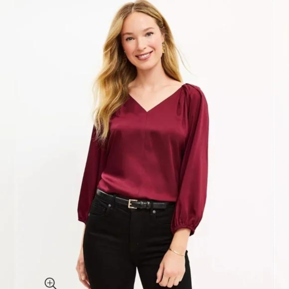 LOFT Pleated V-Neck Satin Burgundy Blouse - Sz Petite XL